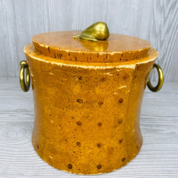 Vintage rare Cork and brass ice bucket bar wear 1940s retro glam with brass pear - Picture 10 of 16